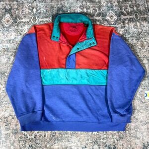 Vintage 90's Eddie Bauer Sweatshirt Men's L Blue Colorblock 1/2 Zip Ribbed Hem